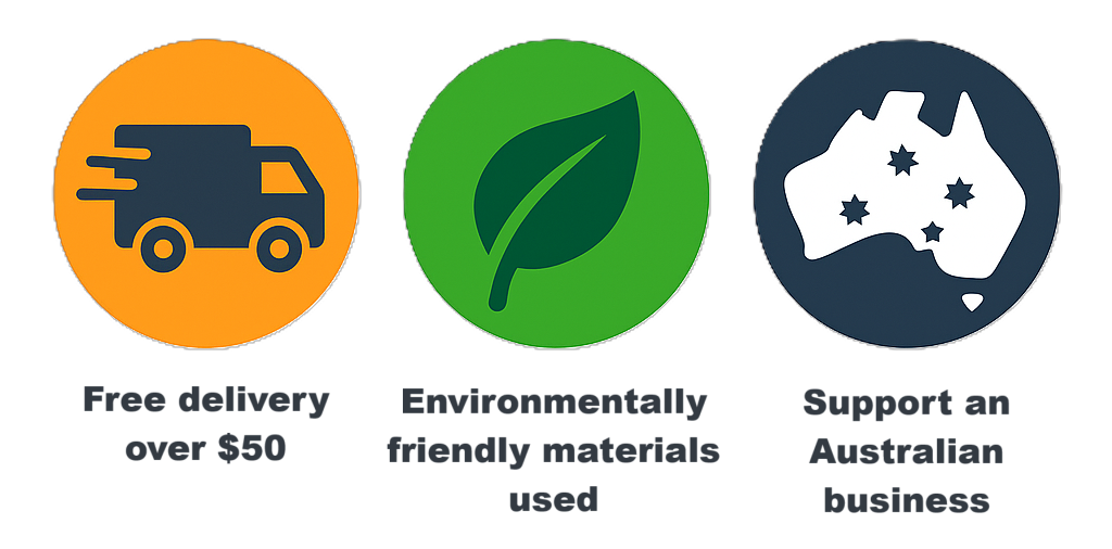 Three icons with text indicating free delivery, environmental friendliness, and support for Australian businesses on a transparent background.